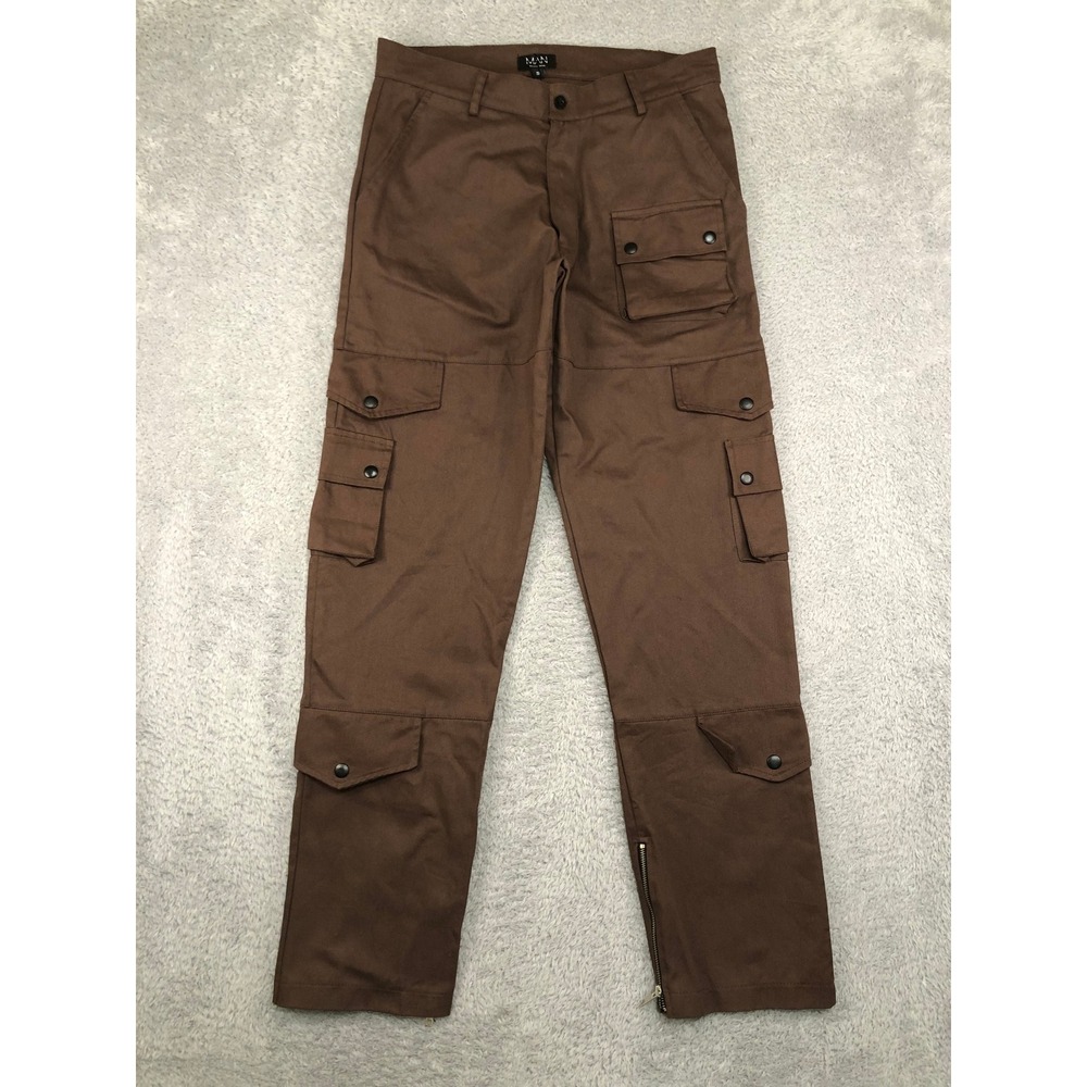 BoohooMAN Cargo Pants Men S (32x32) Chocolate NWT Fixed Waistband Relaxed Twill